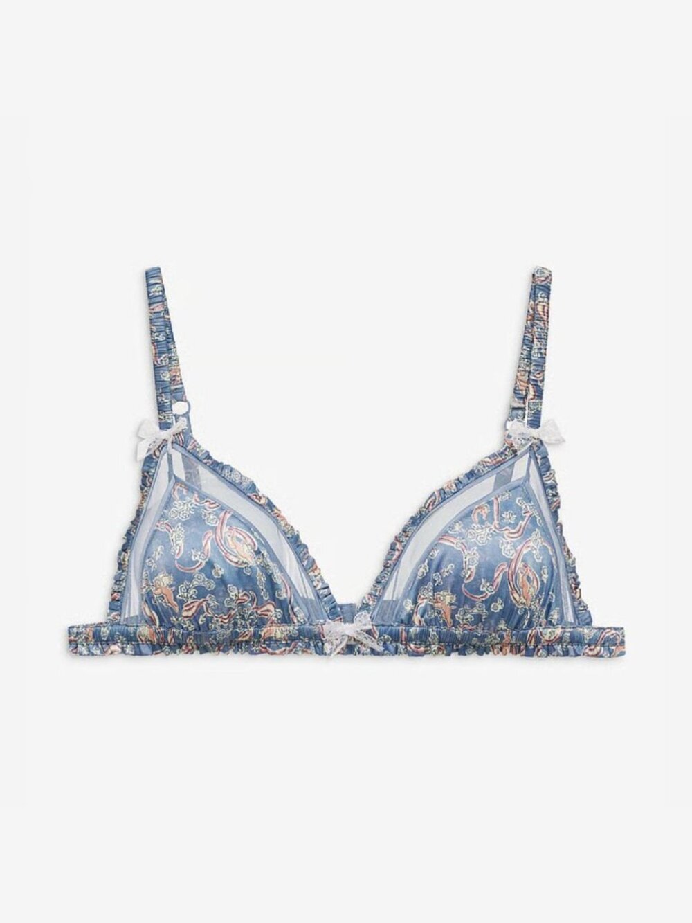 NEW For Love & Lemons Satin Mesh Blue Floral Triangle Bralette M 39312